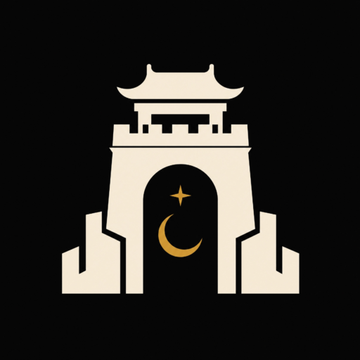 Isotipo minimalista del logo de Más Allá del Muro. Portal arquitectónico tradicional chino en color crema sobre fondo negro profundo, con una luna creciente y una estrella dorada en el centro.