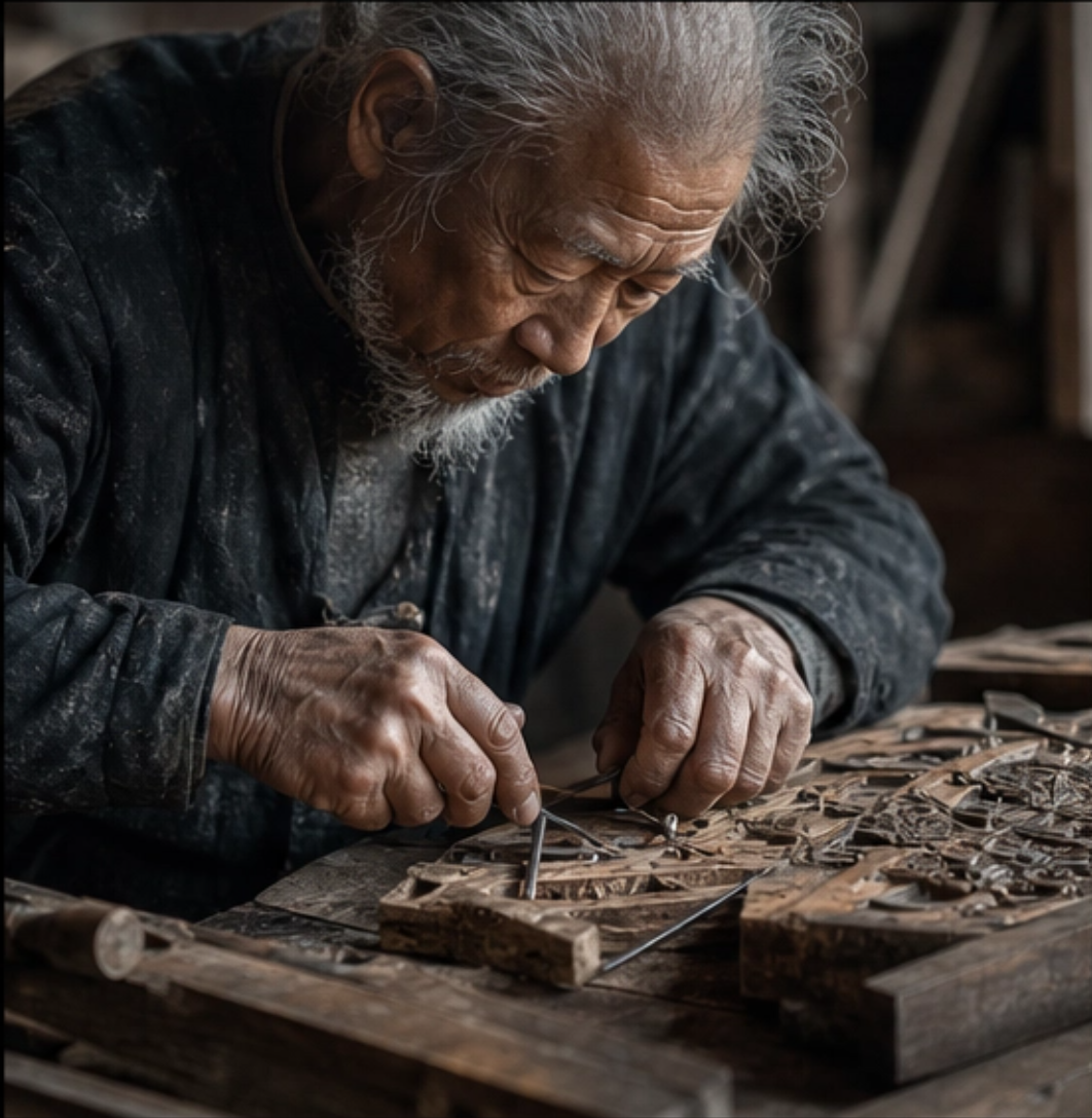 Anciano artesano tallando madera a mano con herramientas tradicionales, sobre una mesa de trabajo, en un ambiente rústico e iluminación cálida.