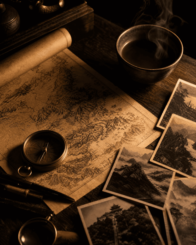 Escritorio con mapa antiguo, fotografías y candil, ambiente de planificación de viaje