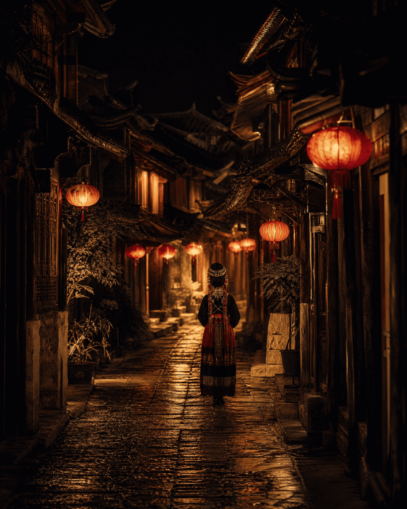 Callejón nocturno con faroles rojos en el centro histórico de Lijiang