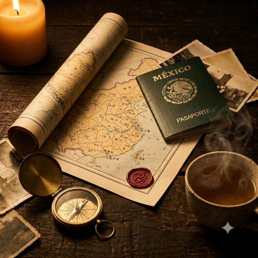Pasaporte mexicano sobre mapa antiguo de China con brújula dorada, sello de cera rojo y té humeante