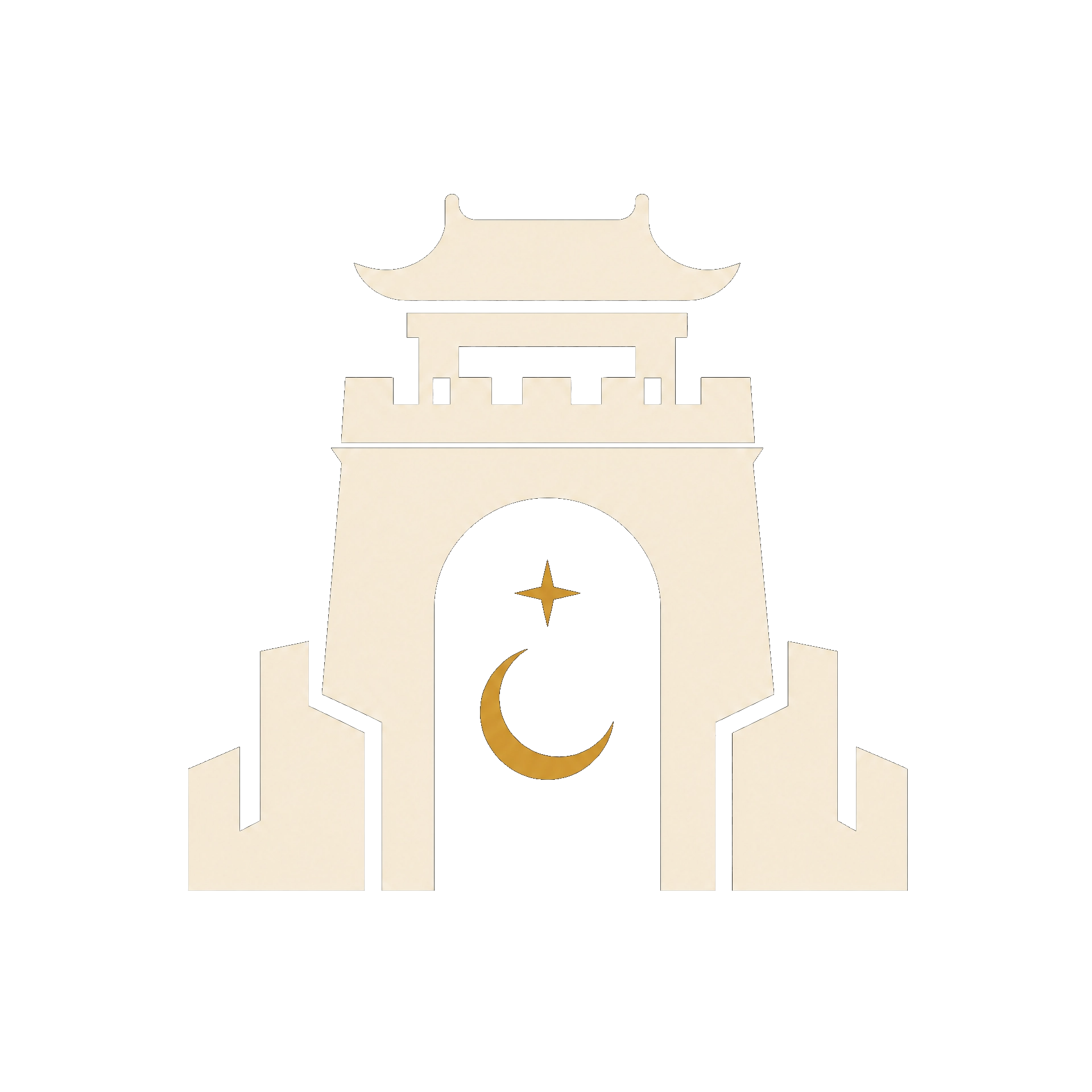 Isotipo minimalista del logo de Más Allá del Muro. Portal arquitectónico tradicional chino en color crema, con una luna creciente y una estrella dorada en el centro.