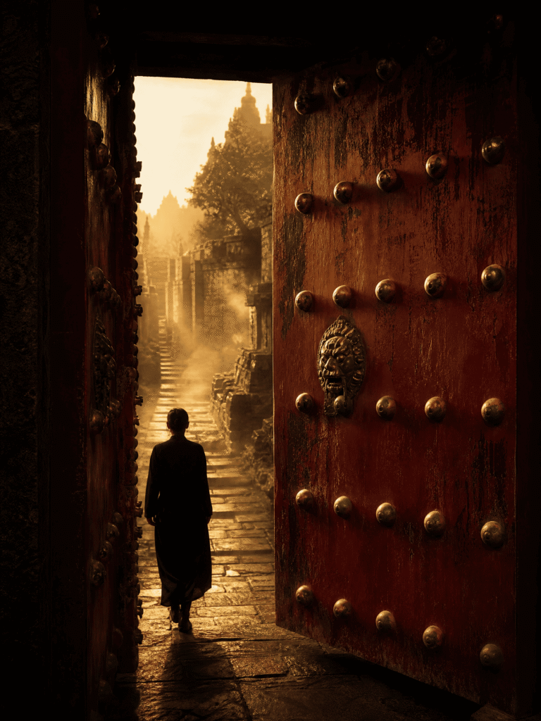 Silueta de una persona entrando por una puerta roja iluminada